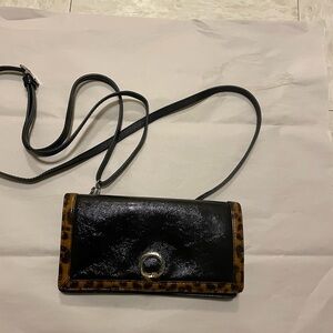 Brighton Black Patent Leather Wallet with strap Leopard trim